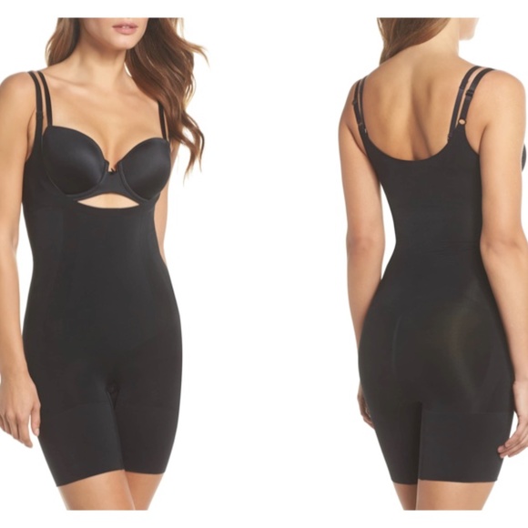 NWT SPANX OnCore Open-Bust Bodysuit Power Shaper Mid Thigh Black Nude